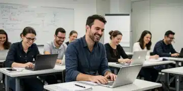 Adult learners studying in a classroom, focused on educational grants