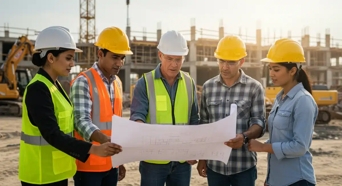 Construction workers reviewing blueprints on a job site