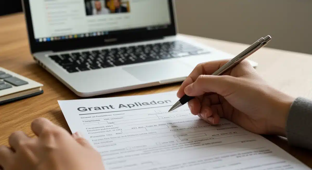 Hand filling out a detailed grant application form for adult education
