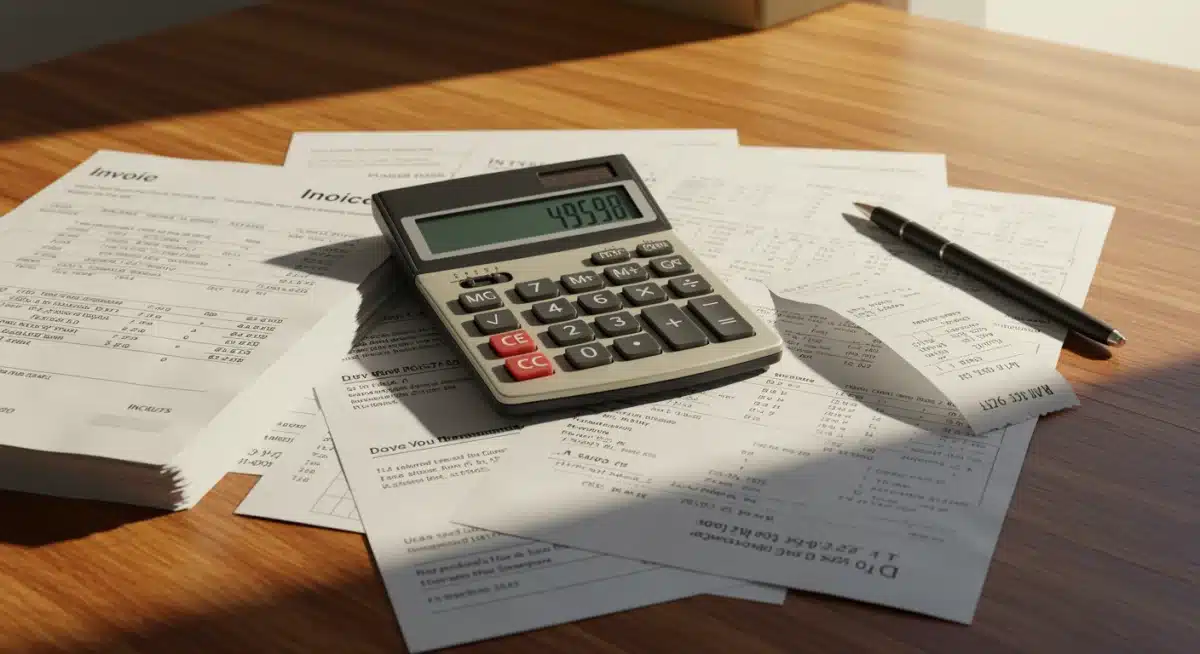 Financial documents and calculator for small business tax deductions
