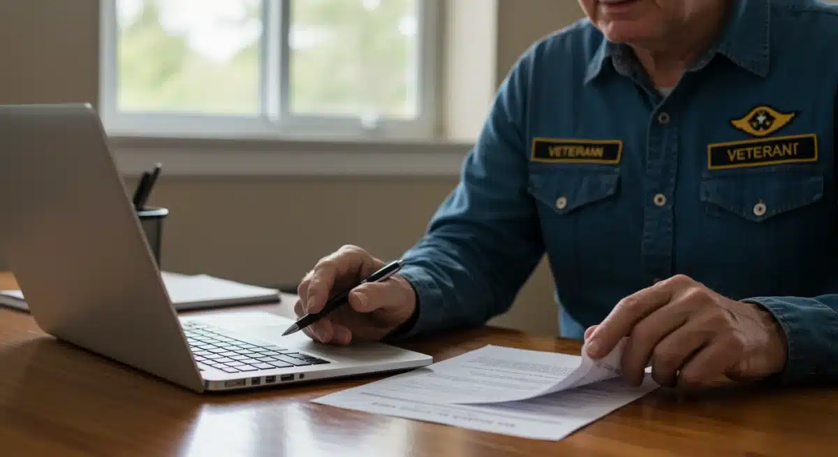 Veteran reviewing VA benefit documents on a laptop