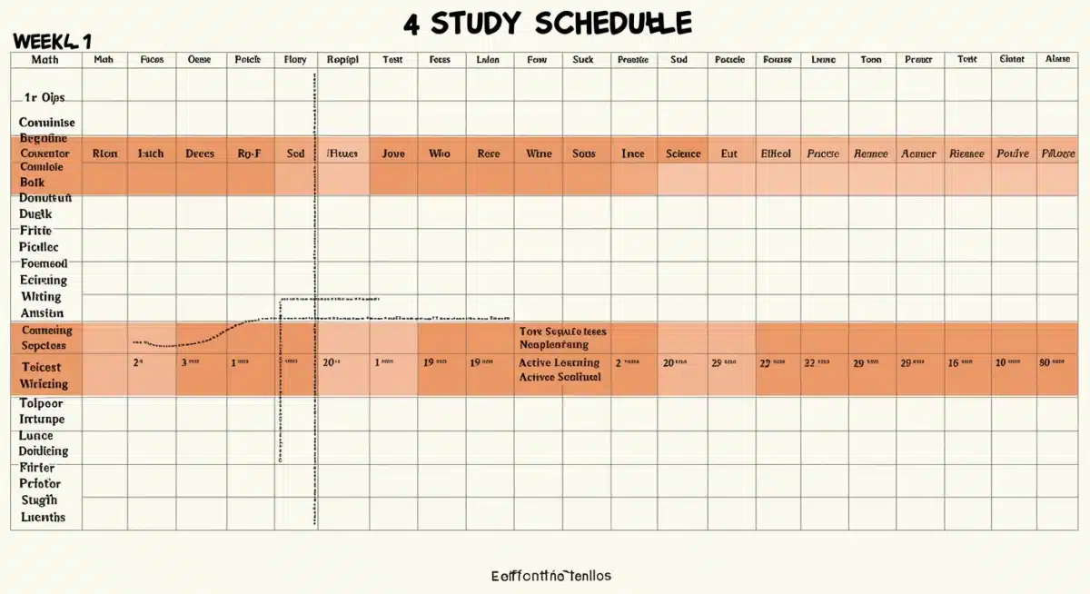 Detailed weekly study schedule for SAT/ACT preparation, showing time allocation for various subjects and practice.