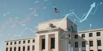 Federal Reserve building with economic charts