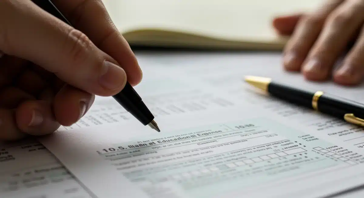 Hand highlighting education expenses on a tax form