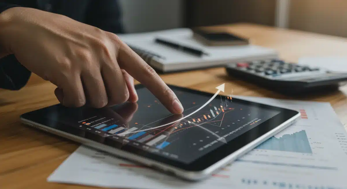 Hand pointing at rising interest rate graph on tablet