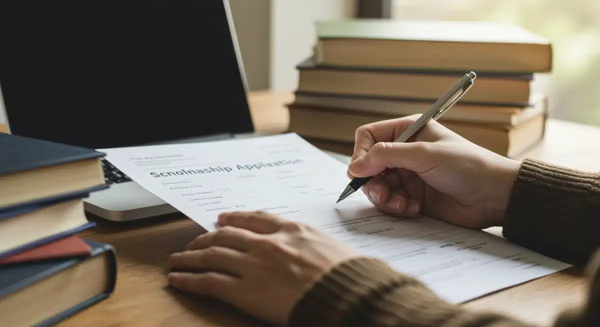 Student meticulously completing a scholarship application form