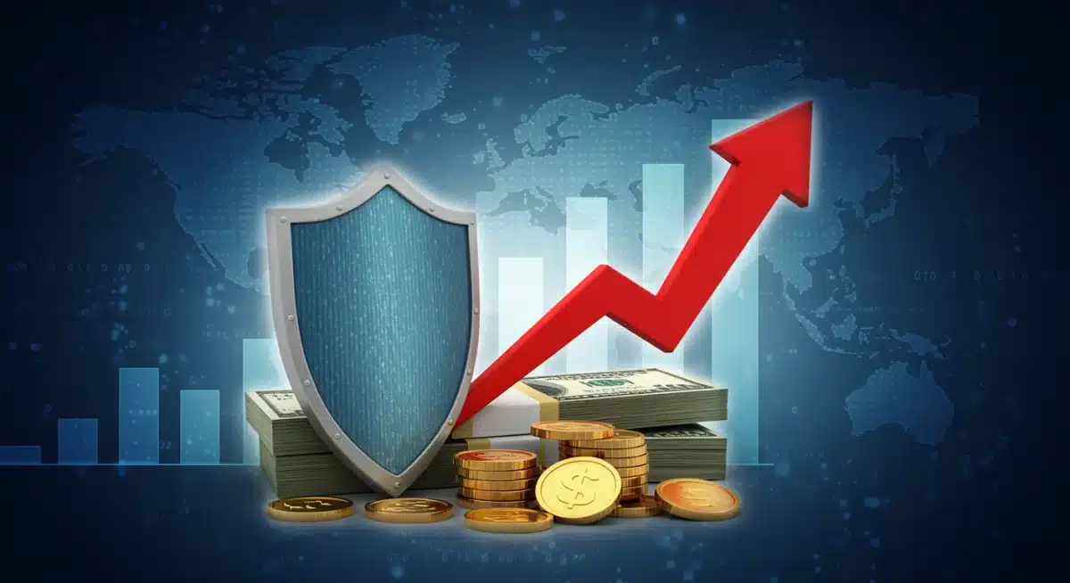 Shield guarding dollar bills from inflation's red arrow.