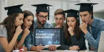 Students reviewing financial documents and loan forgiveness information on a tablet