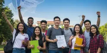 Diverse students celebrating scholarship success on a college campus