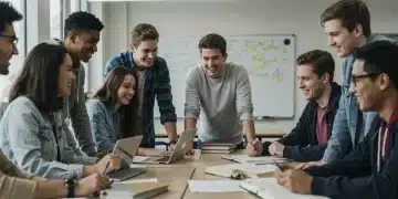 High school students collaborating in a modern college classroom, representing early college program success.