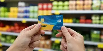 Hand holding EBT card with groceries in background, symbolizing SNAP benefits