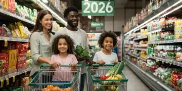Family happily shopping for groceries with 2026 SNAP benefits