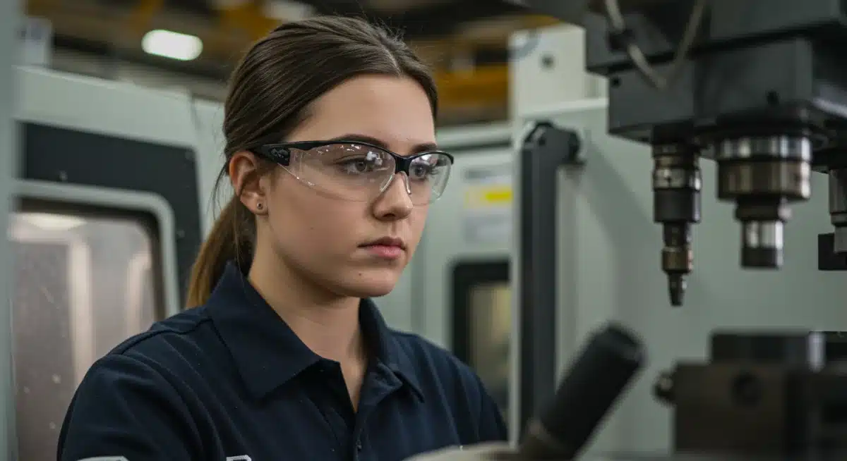 Female apprentice operating machinery in a 2026 US manufacturing facility