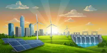Illustration of diverse renewable energy sources powering a futuristic city, representing US investment in green technology.