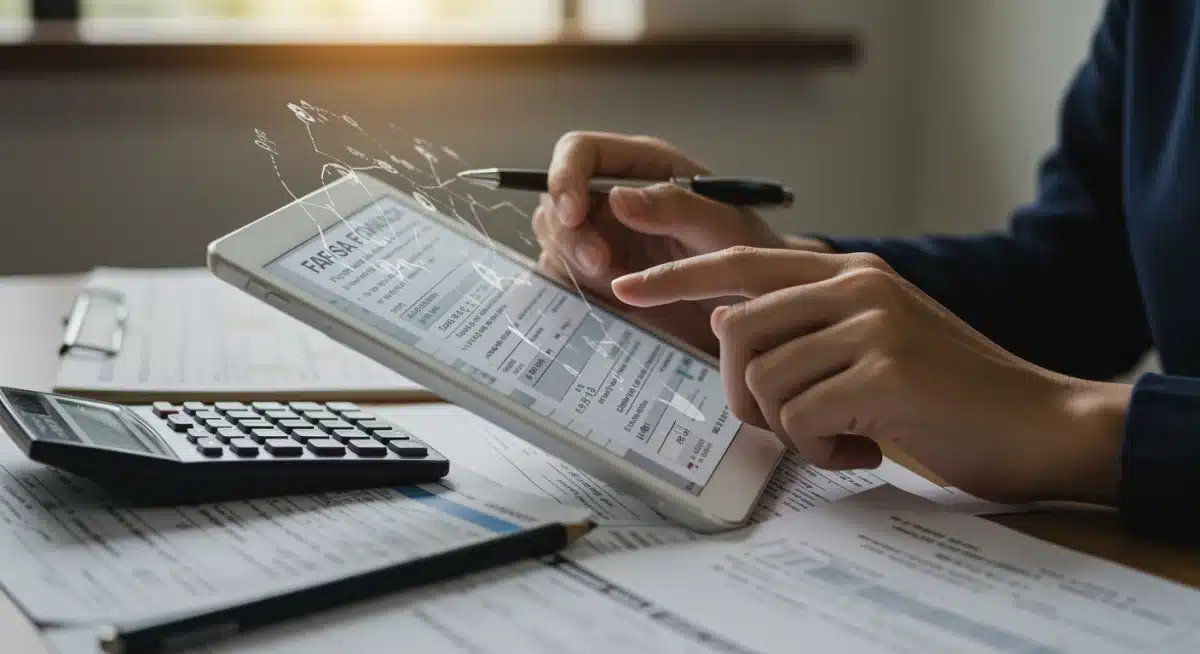Student completing FAFSA application on a tablet with financial documents.