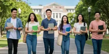 Students walking on a university campus, looking optimistic about their future education.