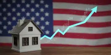 Financial graph superimposed on a house, representing 2026 US mortgage rate forecast.