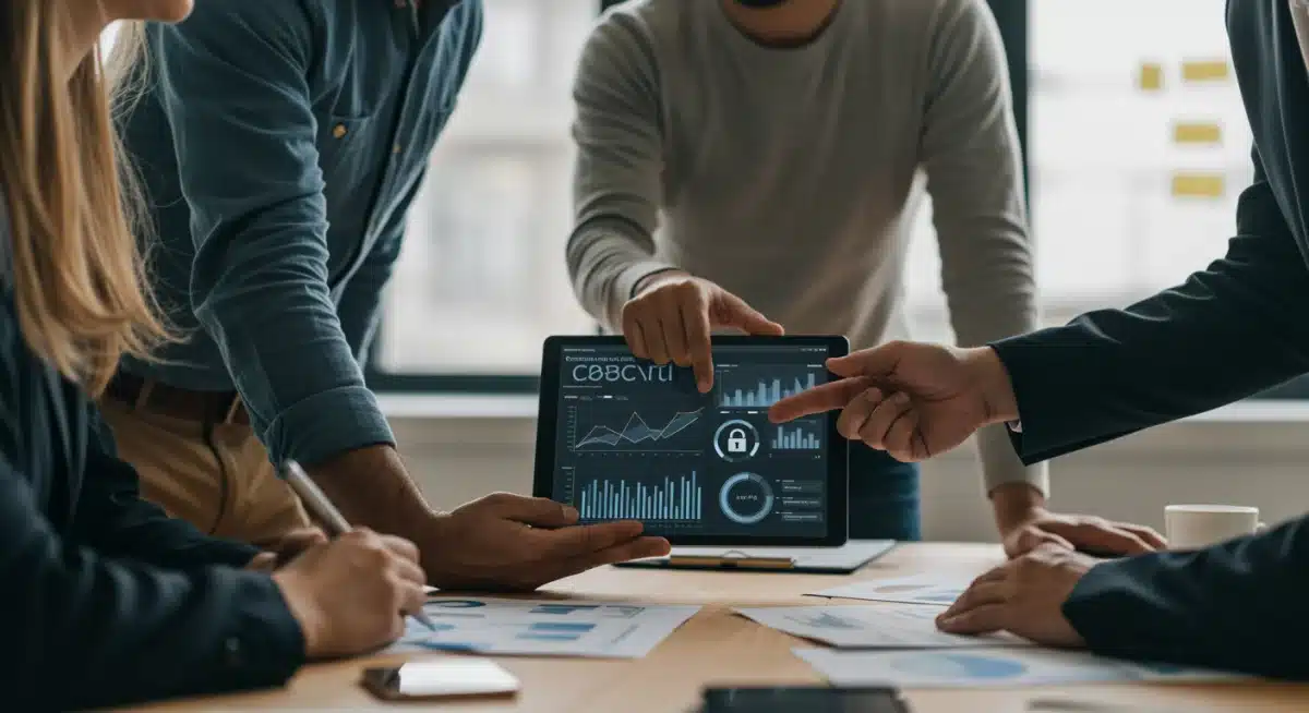 Business team strategizing about cybersecurity compliance and data protection