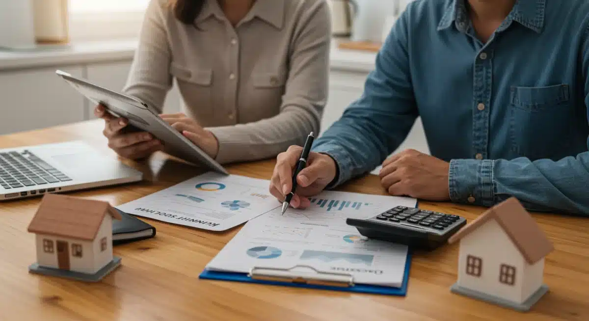 Couple reviewing mortgage documents on tablet, planning for optimal home loan terms.