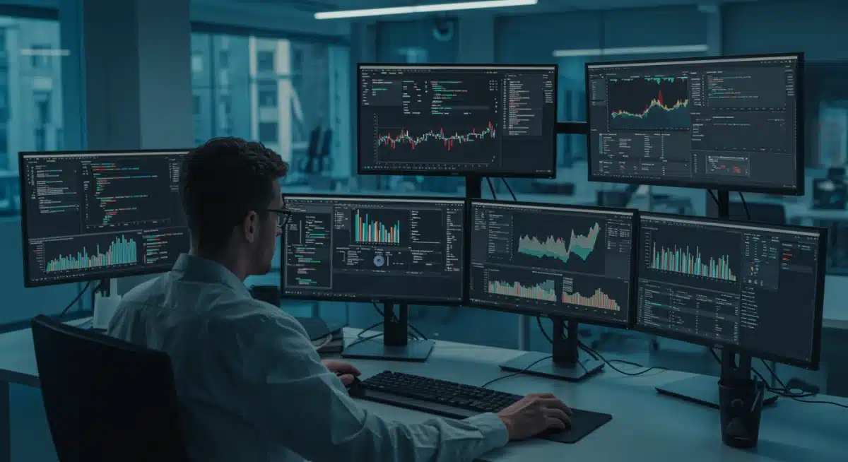 Data scientist analyzing complex data on multiple screens
