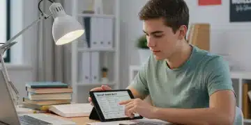 Student studying for 2026 SAT ACT exams on a tablet
