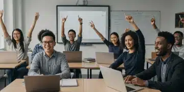 Diverse adults engaged in a modern classroom for lifelong learning and career development.