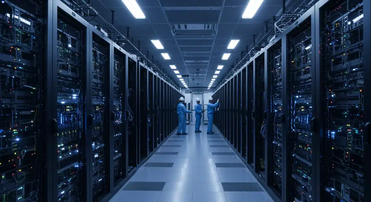 Server room with AI computing infrastructure and engineers.