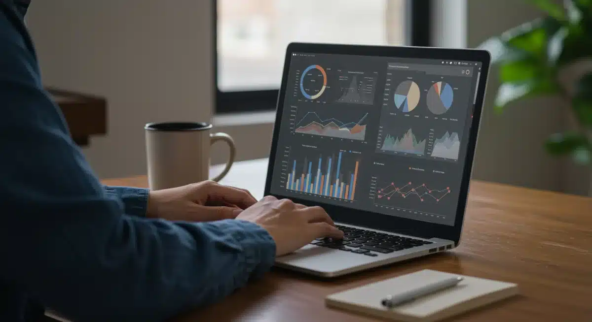 Individual analyzing career advancement data on a laptop in a home office setting.