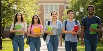College students smiling on campus, representing higher education opportunity through financial aid.