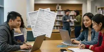 College students reviewing financial aid documents in a university library setting
