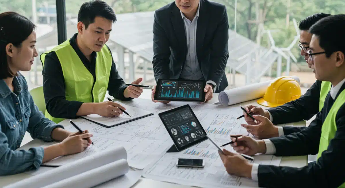 Professionals discussing future renewable energy infrastructure and policy