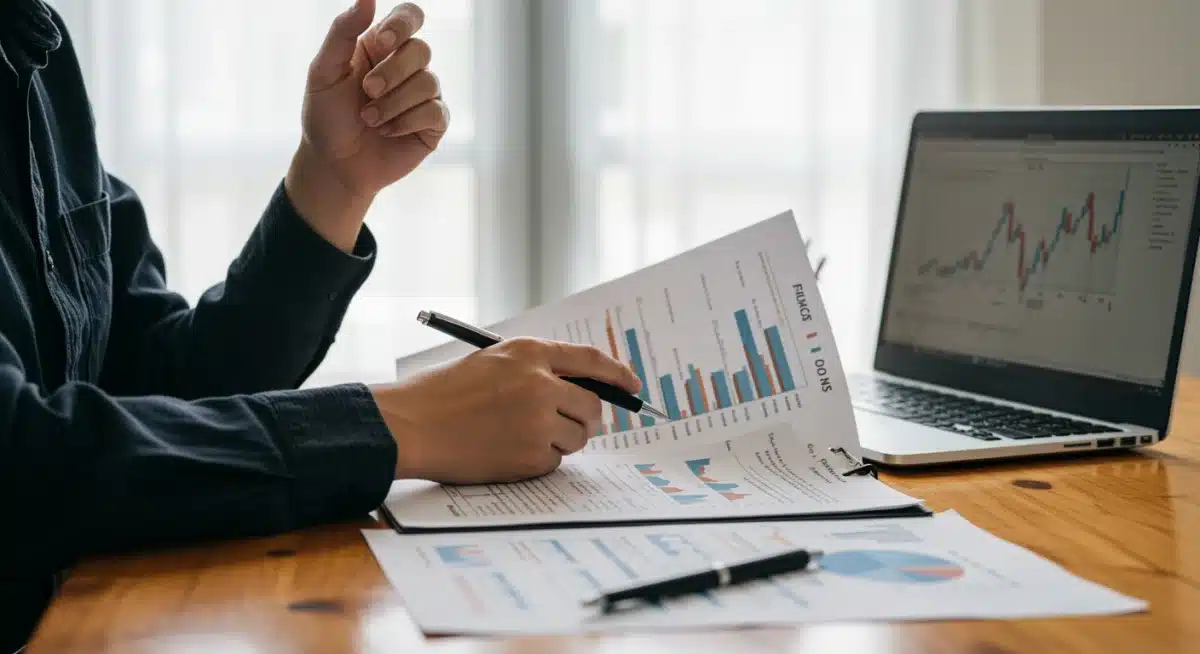 Person reviewing financial documents and laptop for tax planning.