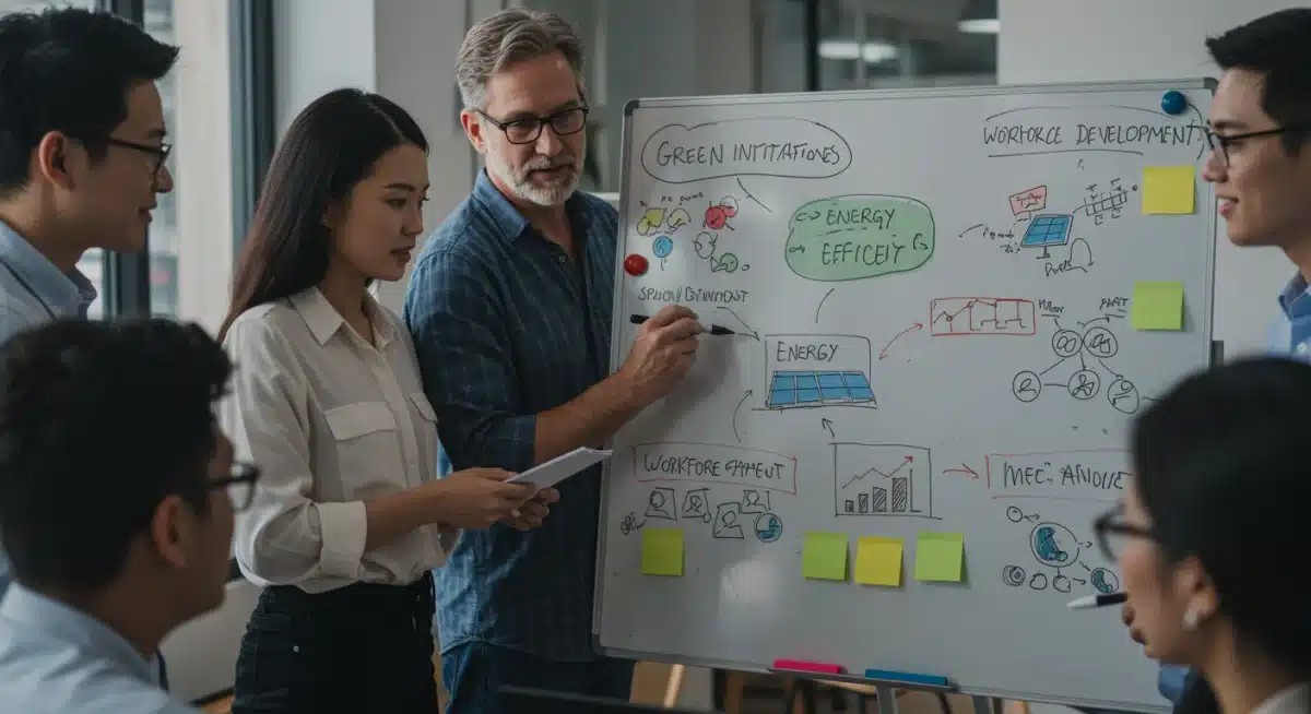 Small business team planning green initiatives for tax credits