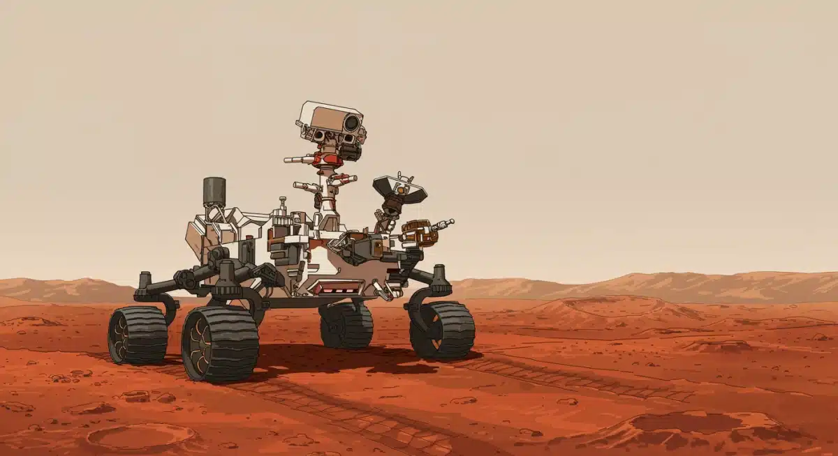 Mars rover deploying instruments on Martian surface for scientific research.