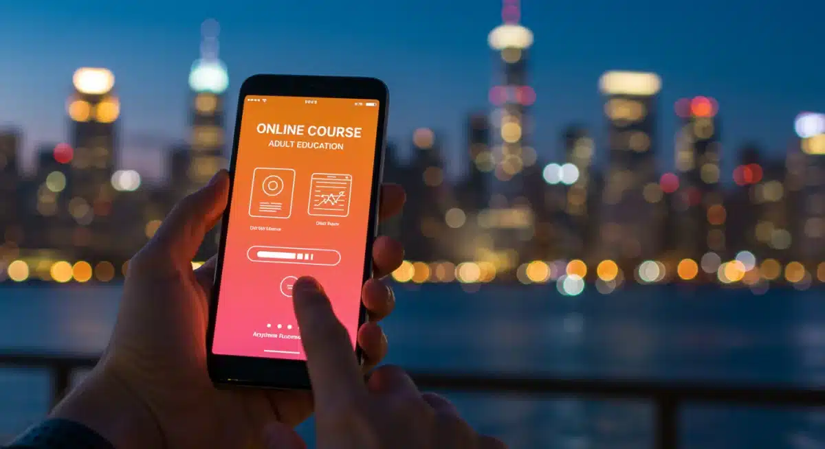 Smartphone displaying online course in an urban setting, representing flexible adult education.
