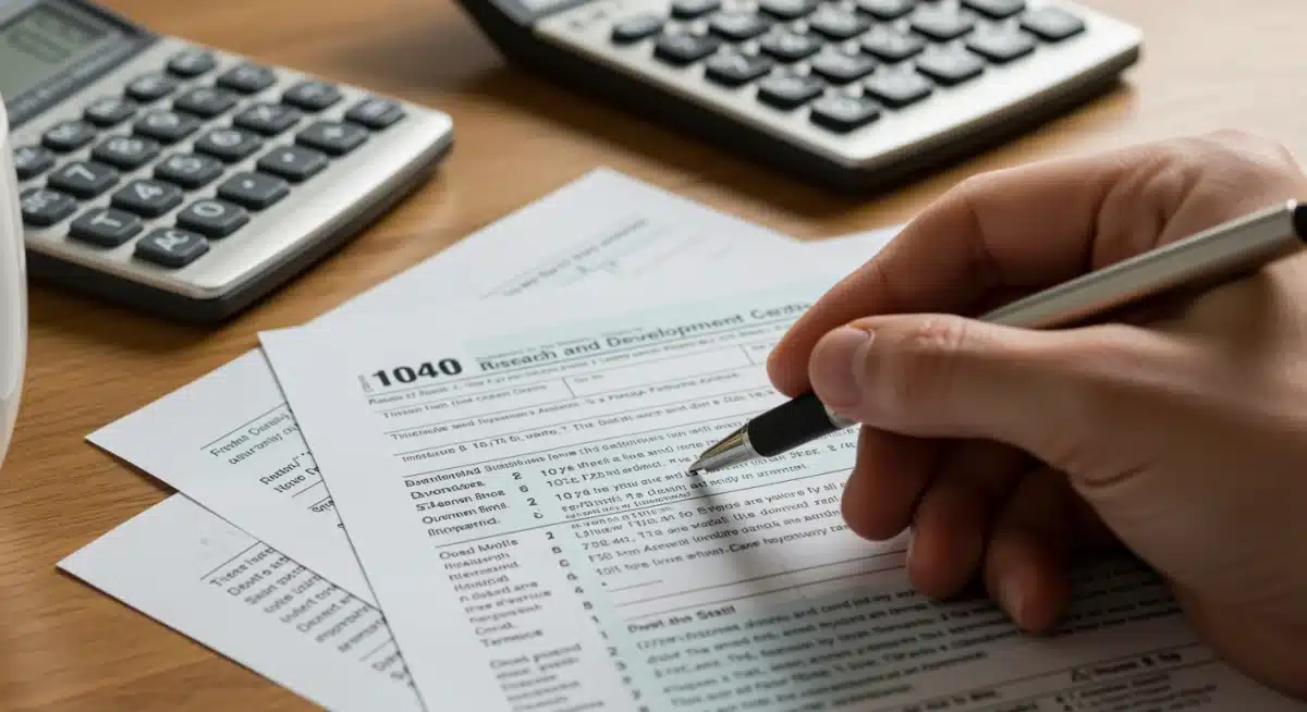 Hand marking R&D tax credit section on a tax form