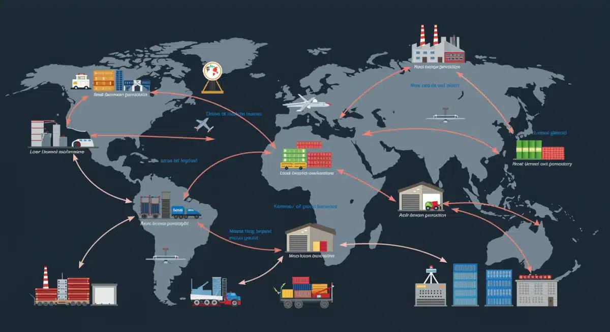 Complex supply chain network showing goods flow and trade policy impact