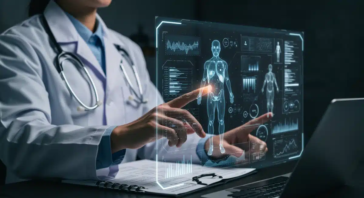 Doctor using an AI diagnostic system for patient data analysis.