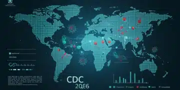 Global health map with disease transmission vectors and 'CDC 2026' text, symbolizing emerging infectious diseases.