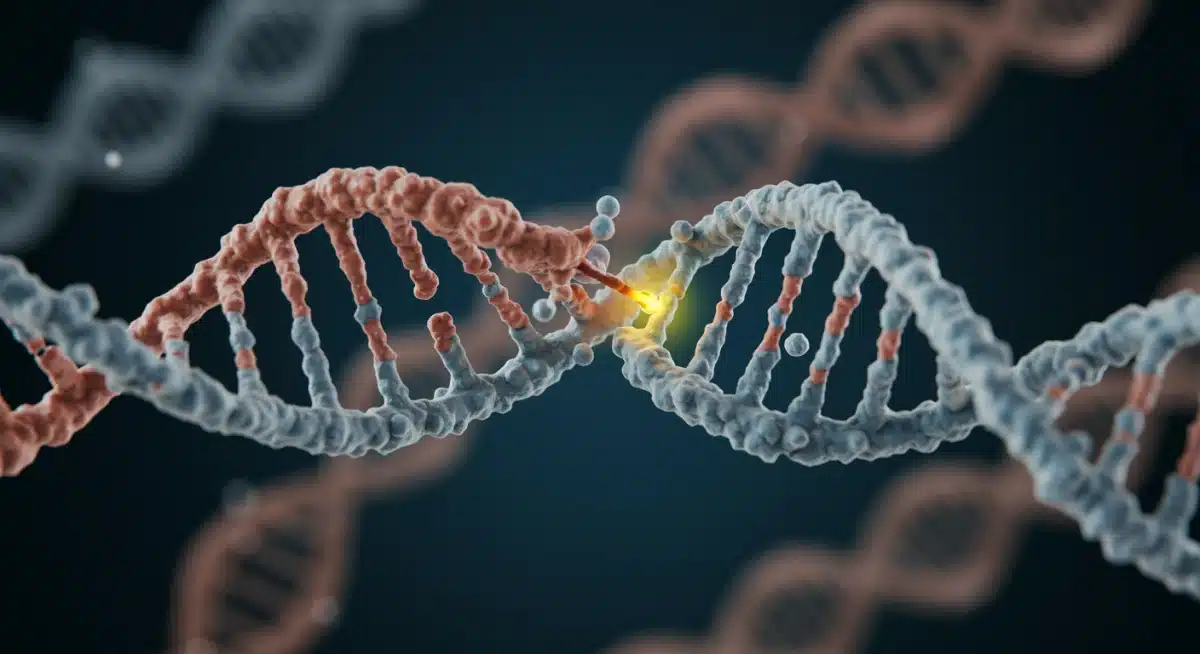 CRISPR-Cas9 molecular model editing a DNA strand, representing gene therapy.
