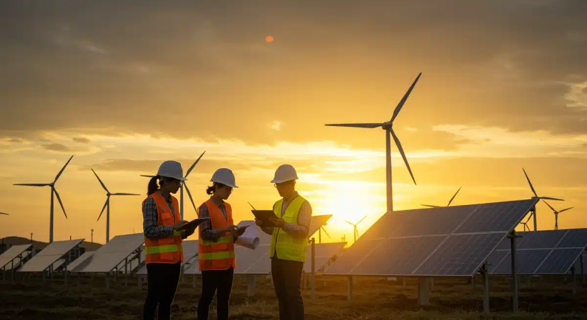 Environmental scientists and engineers discussing clean energy solutions