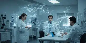 Scientists in a futuristic lab analyzing holographic DNA, symbolizing medical innovation.