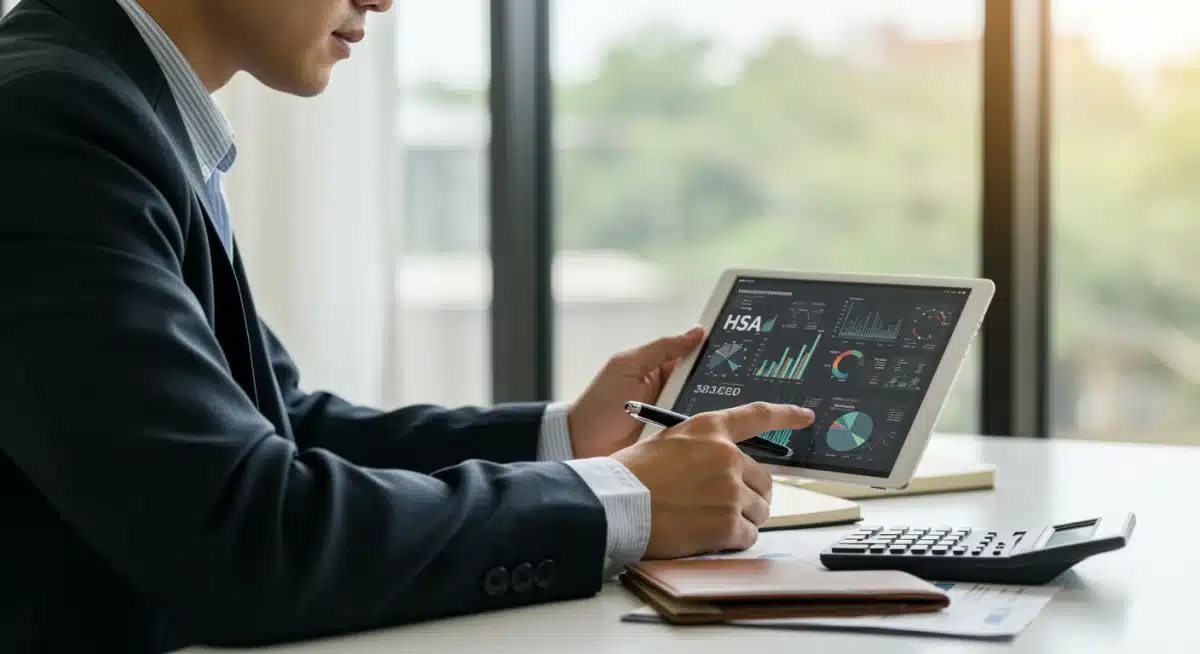 Person analyzing HSA investment data on a tablet with financial tools.