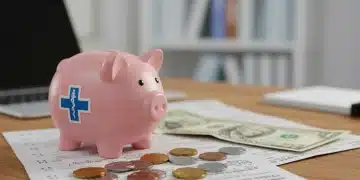 Piggy bank shaped like a medical cross with coins and dollar bills, representing HSA savings.