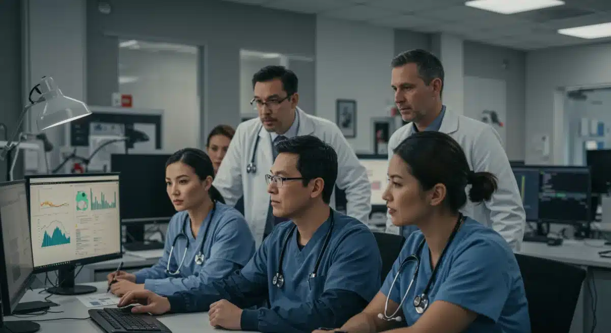 Healthcare professionals and scientists collaborating on disease data in a control room.