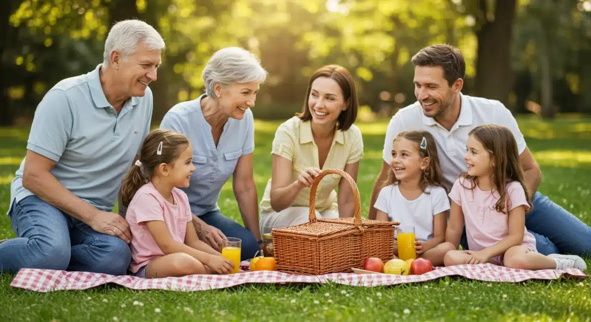 Happy multi-generational family enjoying outdoor activity, representing long-term health security.