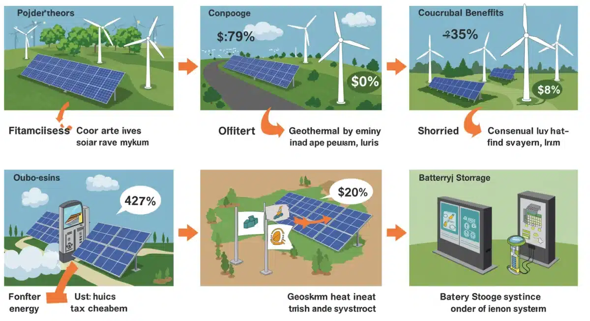 Infographic illustrating various renewable energy technologies and associated tax credit percentages.