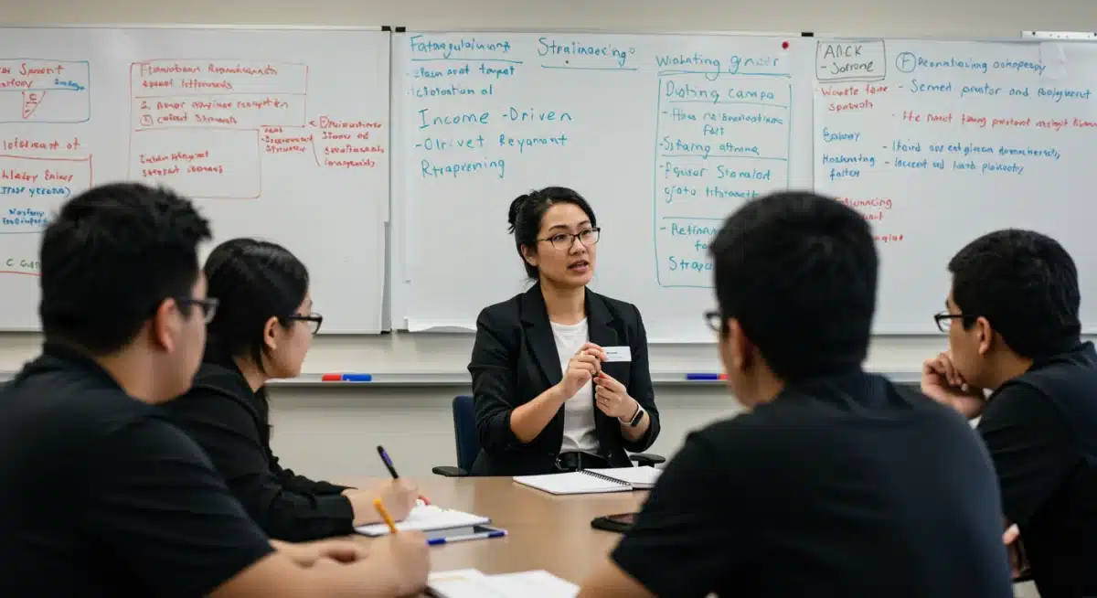 Students learning about student loan repayment strategies at a financial aid workshop.