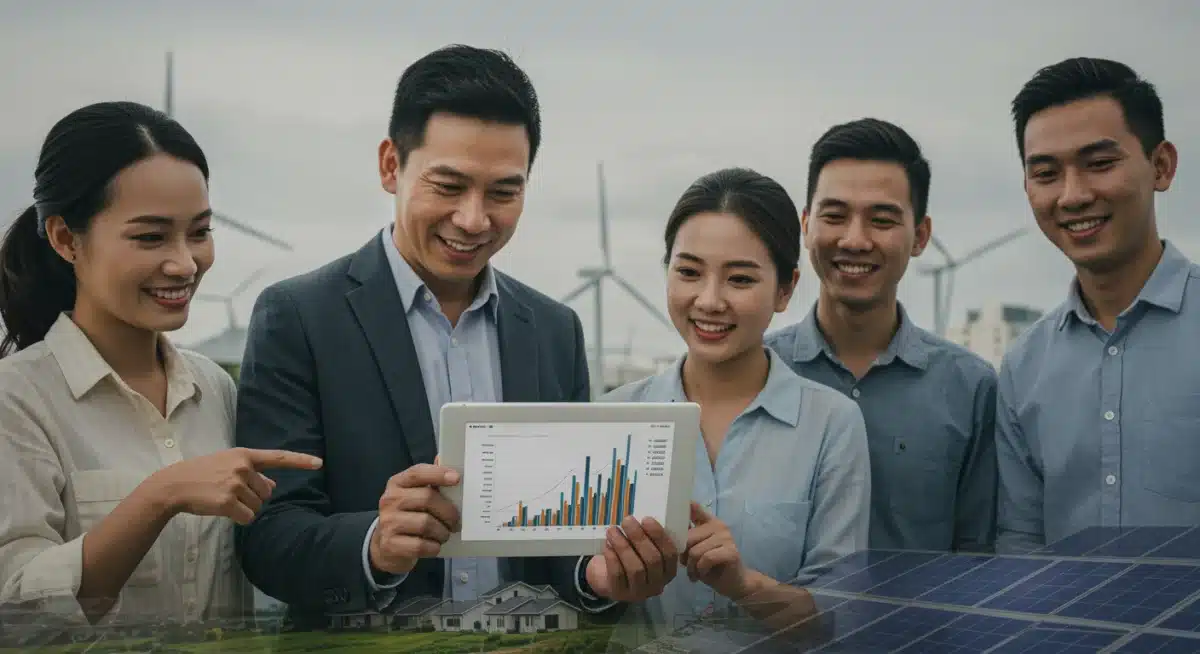 Happy homeowners and business owners reviewing financial benefits from renewable energy tax credits.