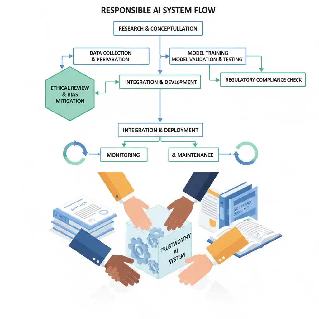 Flowchart illustrating AI development lifecycle with compliance checkpoints and ethical review